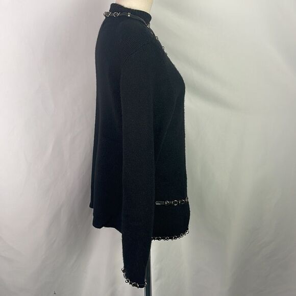 Talk Of The Walk Black Turtleneck Cardigan With Chain Trim Sweater Set - Picture 3 of 6